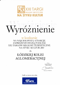 Dyplom wyróżnienia na najciekawszą atrakcję Targów Turystycznych na styku kultur 2015